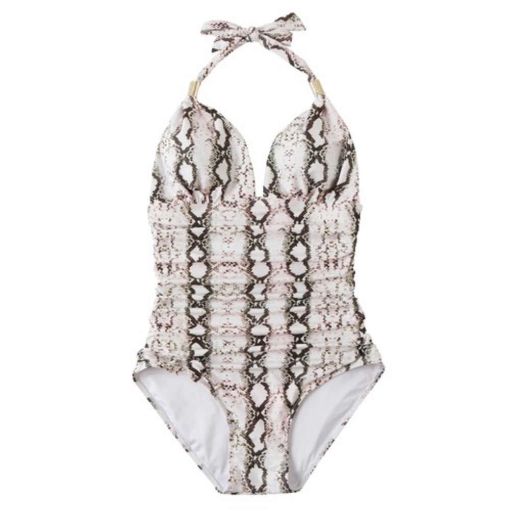 Women’s White Animal Snake Print Halter Ruched One Piece Swimsuit Size XXL